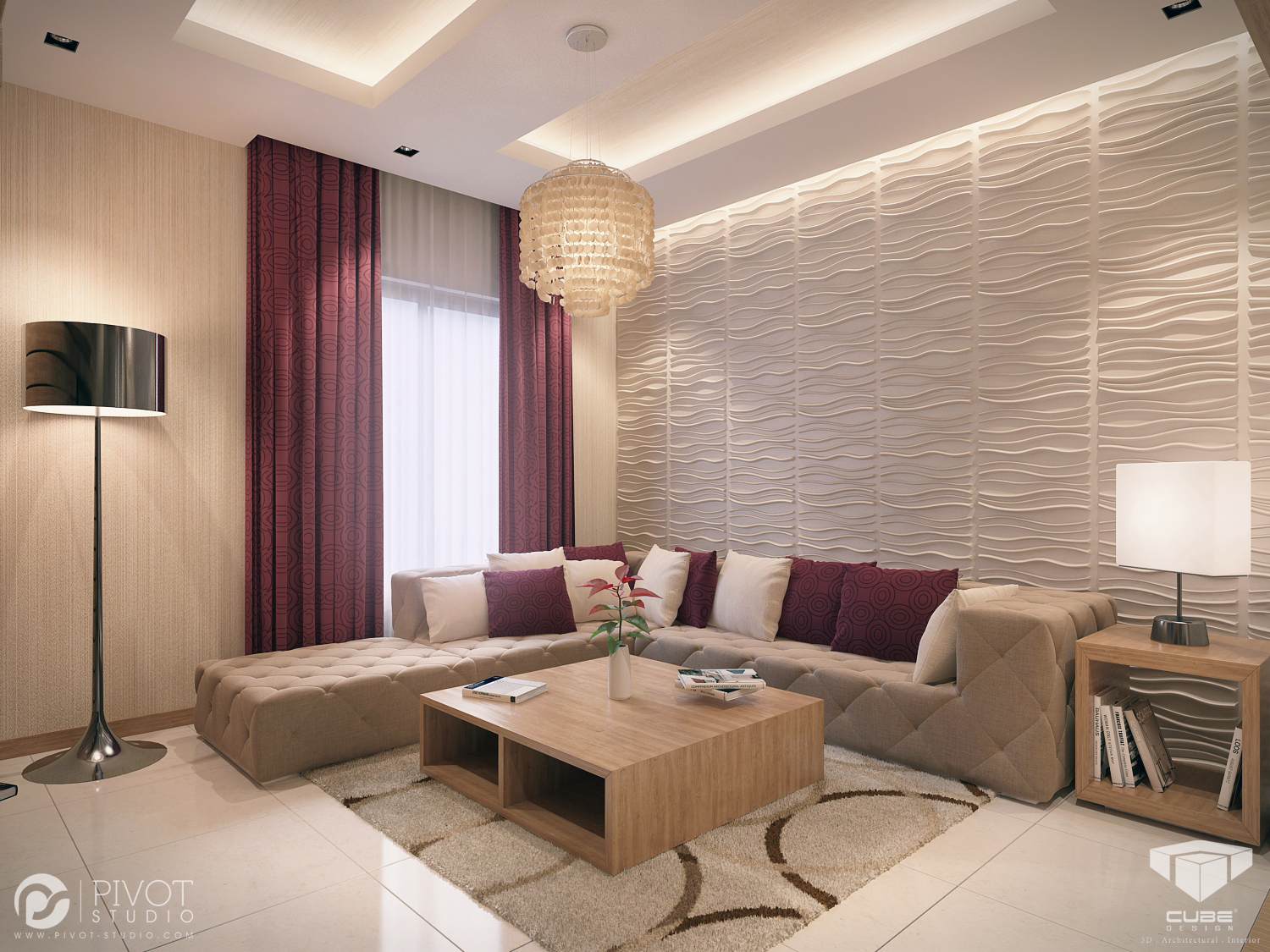 Cream burgundy living room Interior Design Ideas