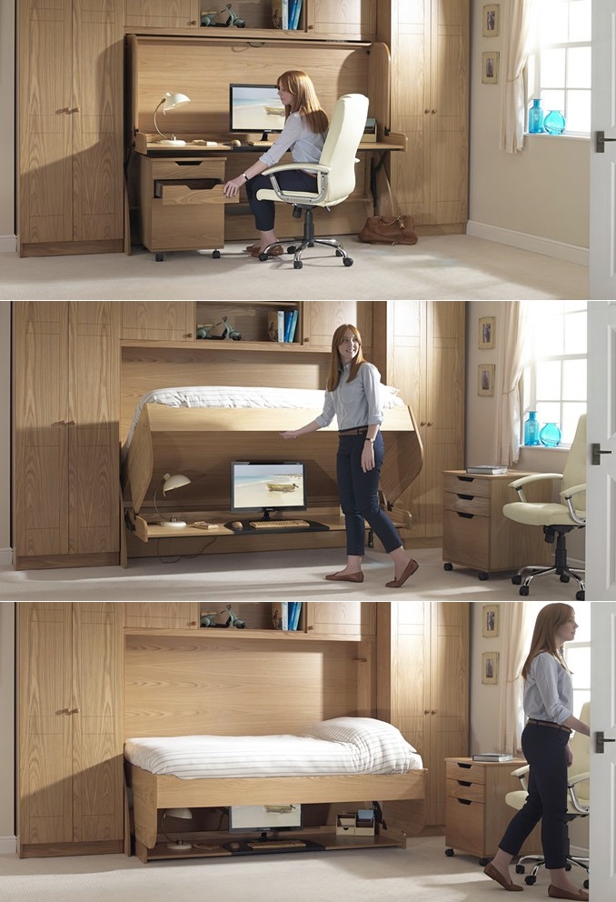 Fold Away Study Bed Interior Design Ideas, Flip Out Desk Bed