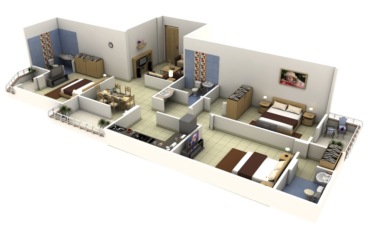 3 bedroom apartment house plans smiuchin for 3d house design