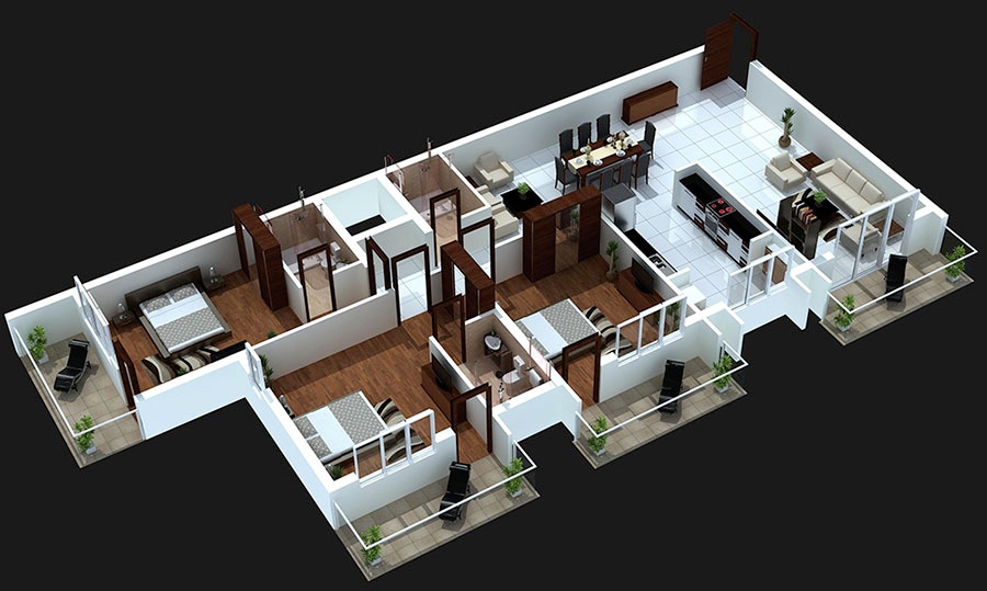 3 Bedroom Apartment House Plans, Simple House Plan Design 3d 3 Bedroom