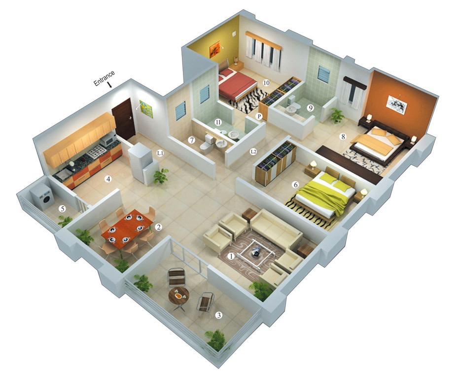 25 more 3 bedroom 3d floor plans For3d House Design