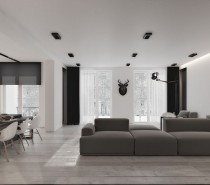 The main living area includes a large seating area as well as a desk and breakfast bar. There are no walls or other division between the spaces. Rather, the carefully chosen furnishings create a visual division with a low angular sofa dominating the entertaining space and white molded chairs positioned on either side for the home office and kitchen area.