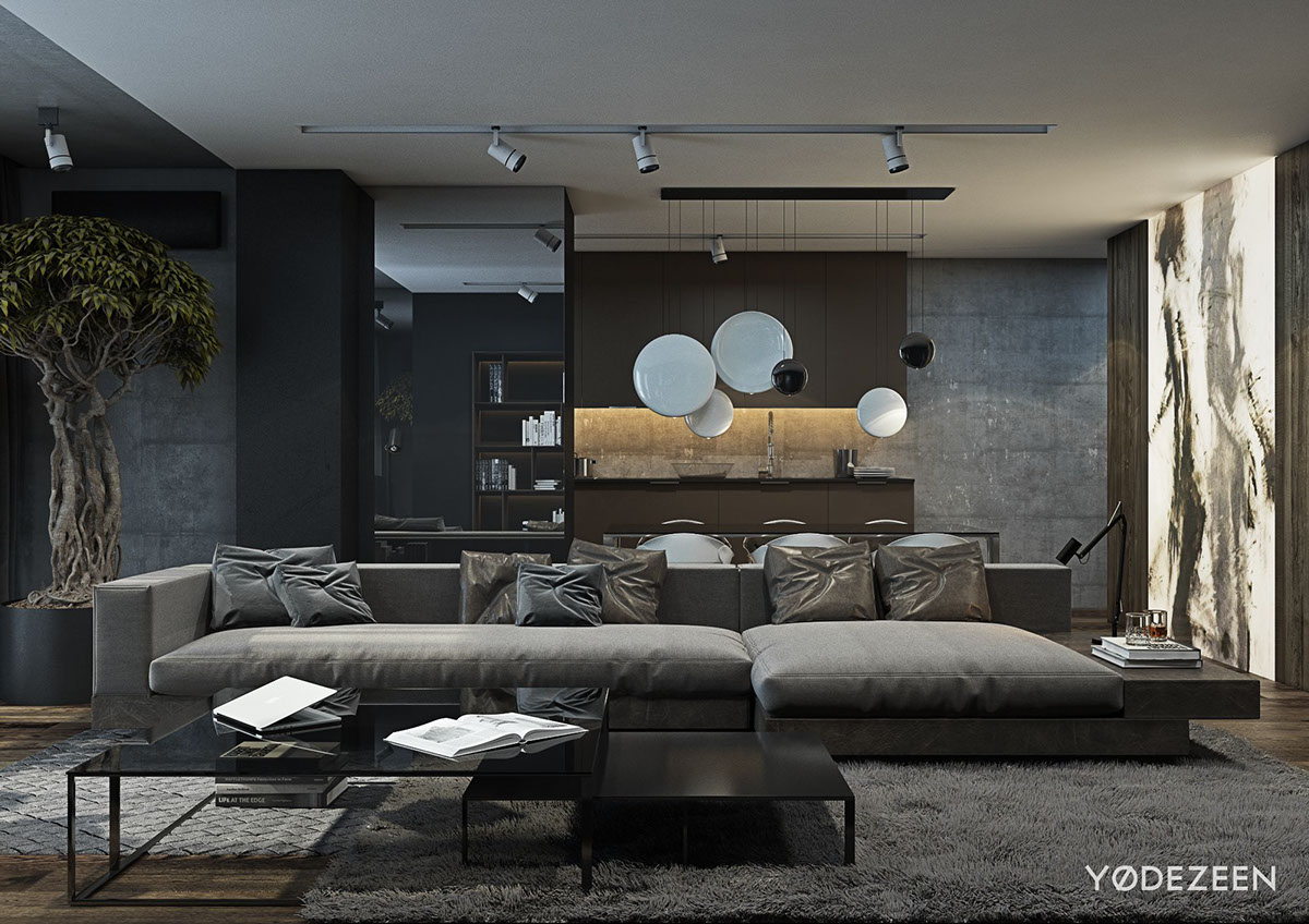 A Dark And Calming Bachelor Bad With Natural Wood And Concrete