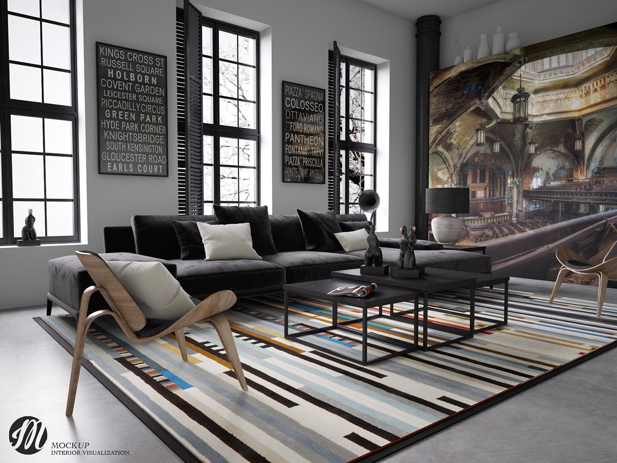 Striped Rug Living Room Interior, Industrial Style Rugs