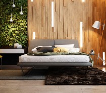This first bedroom utilizes an ecological theme contrasted with perfectly contemporary styling. A lush vertical garden and angled wood panels create an atmosphere few would be soon to forget – and while these features might be the most difficult to emulate, they're certainly not impossible to adapt.