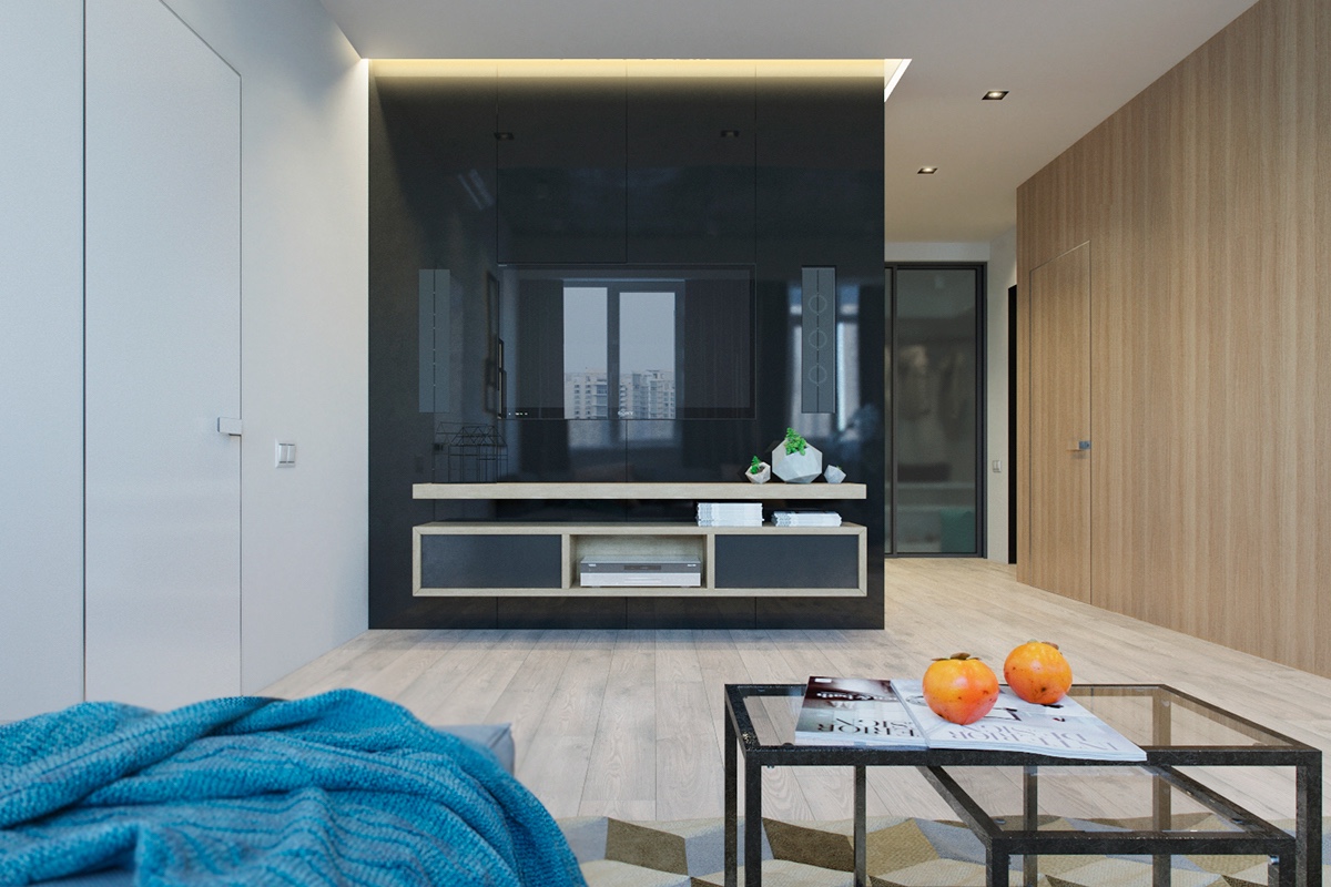 black-glossy-opaque-feature-wall-hidden-tv-cabinet-bedroom