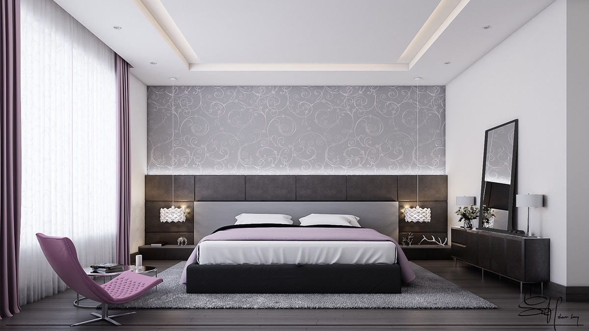 A bedroom can, of course, be more feminine. A boudoir style in this bedroom matches perfectly with grey and violet accents and Florentine pattern backgrounding.