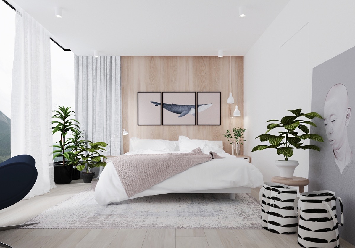 Character can shine in a muted bedroom – if only one knows how to accent appropriately. This bedroom’s wooden feature wall and shafts of white allow striped laundry baskets and daring illustrations to dominate.
