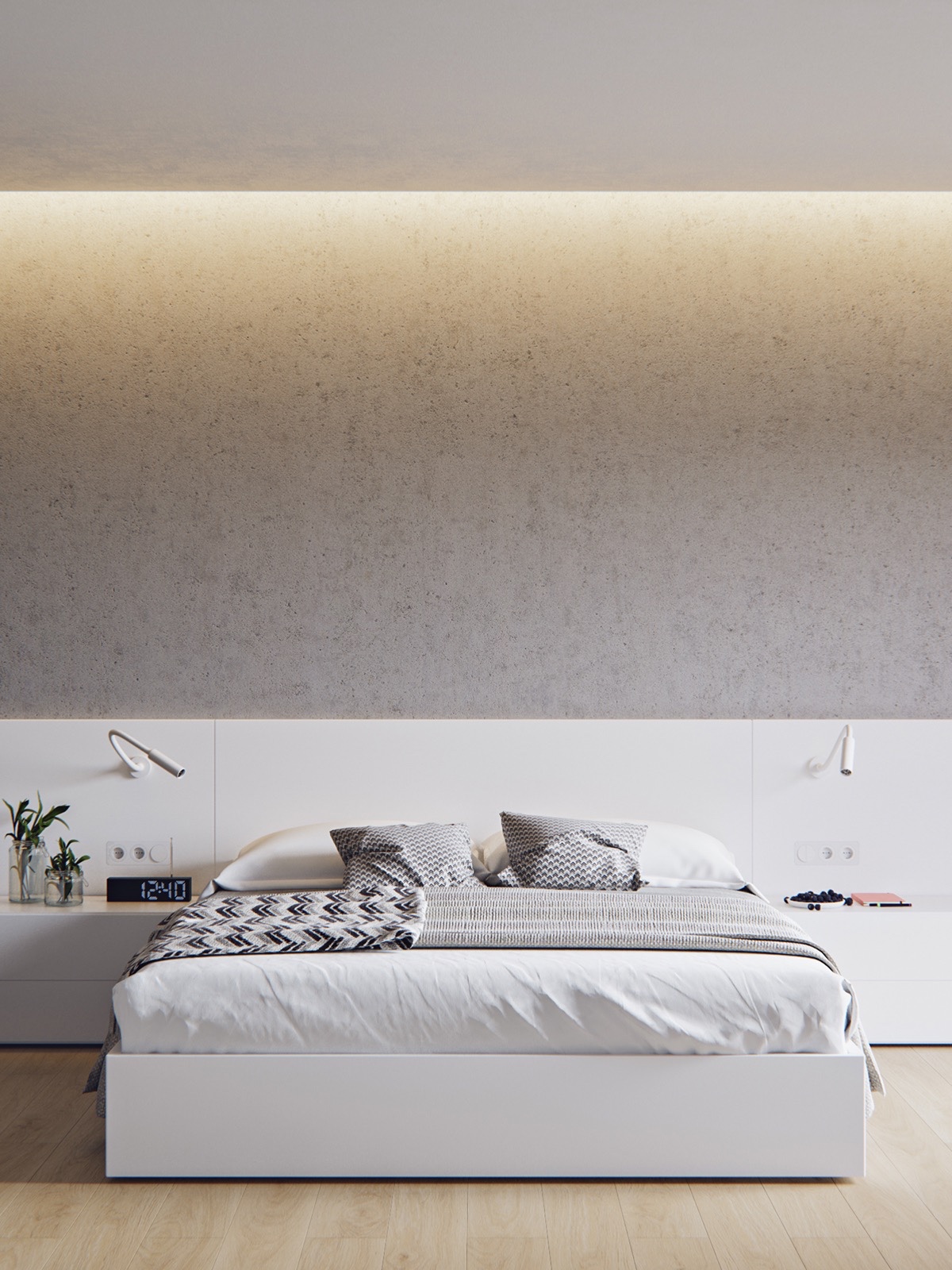 Simple patterns help keep a bedroom interesting and idyllic. A high granite wall breaks this room into parts of three, while light detailing in the granite, pillows and throw add focus.