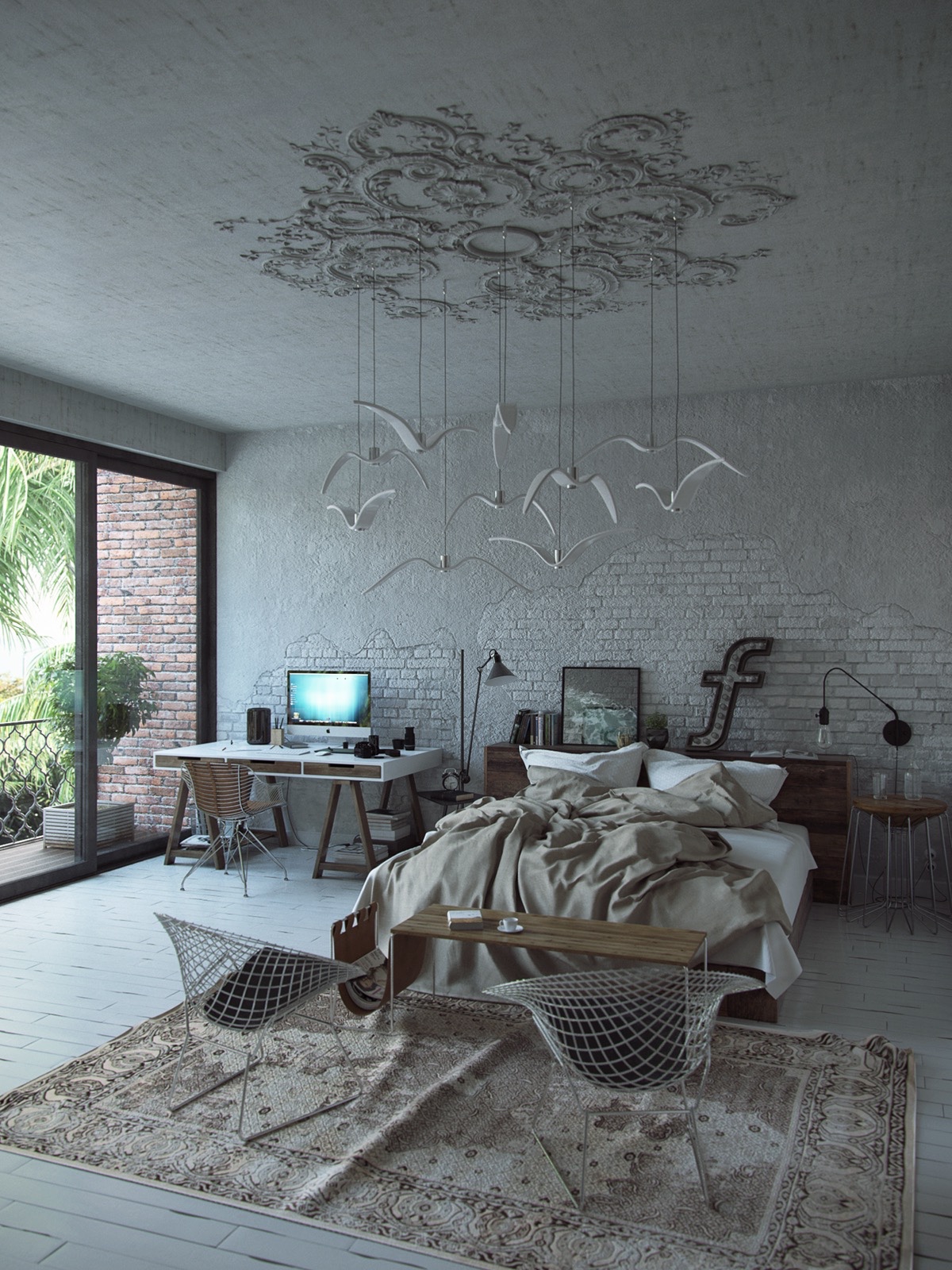 A minimalistic bedroom is a perfect place for artistic overtones. This almost-industrial room exposes brick walls and bird motifs hanging from Victorian wall patterning. Wood mesh textures and an italic ‘f’ bring modernity.
