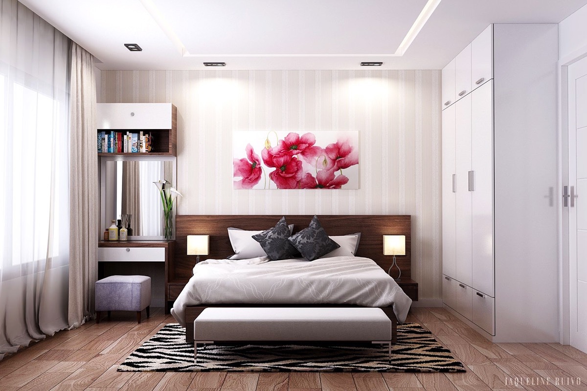 Patterns can be bold and competing – if they are held well in the space. Beige-striped walls and a similarly wooden-striped floor hold no barriers to a pink poppy painting and zebra rug.