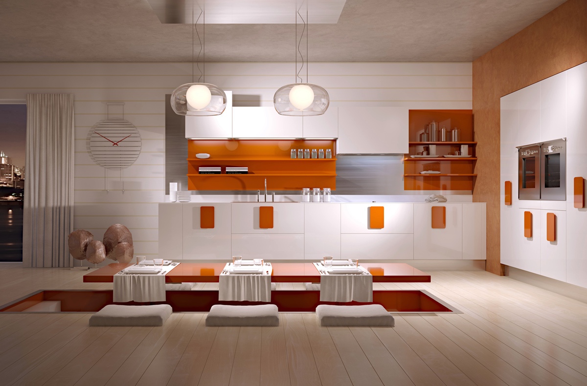South Korean kitchen red and orange accents on white   Interior ...