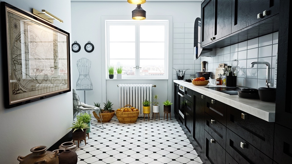 40 Beautiful Black White Kitchen Designs, Black And White Kitchen Floor Tiles Ideas