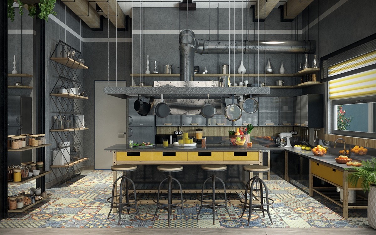 colorful pattern industrial kitchen