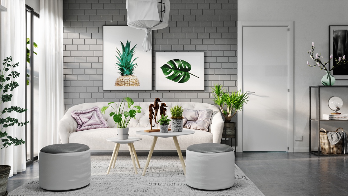 A grey brick wallpaper amplifies white furniture