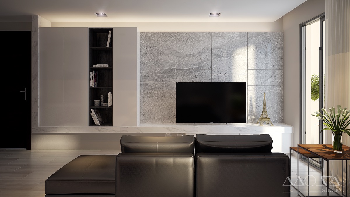 stone and marble accents in studio apartment