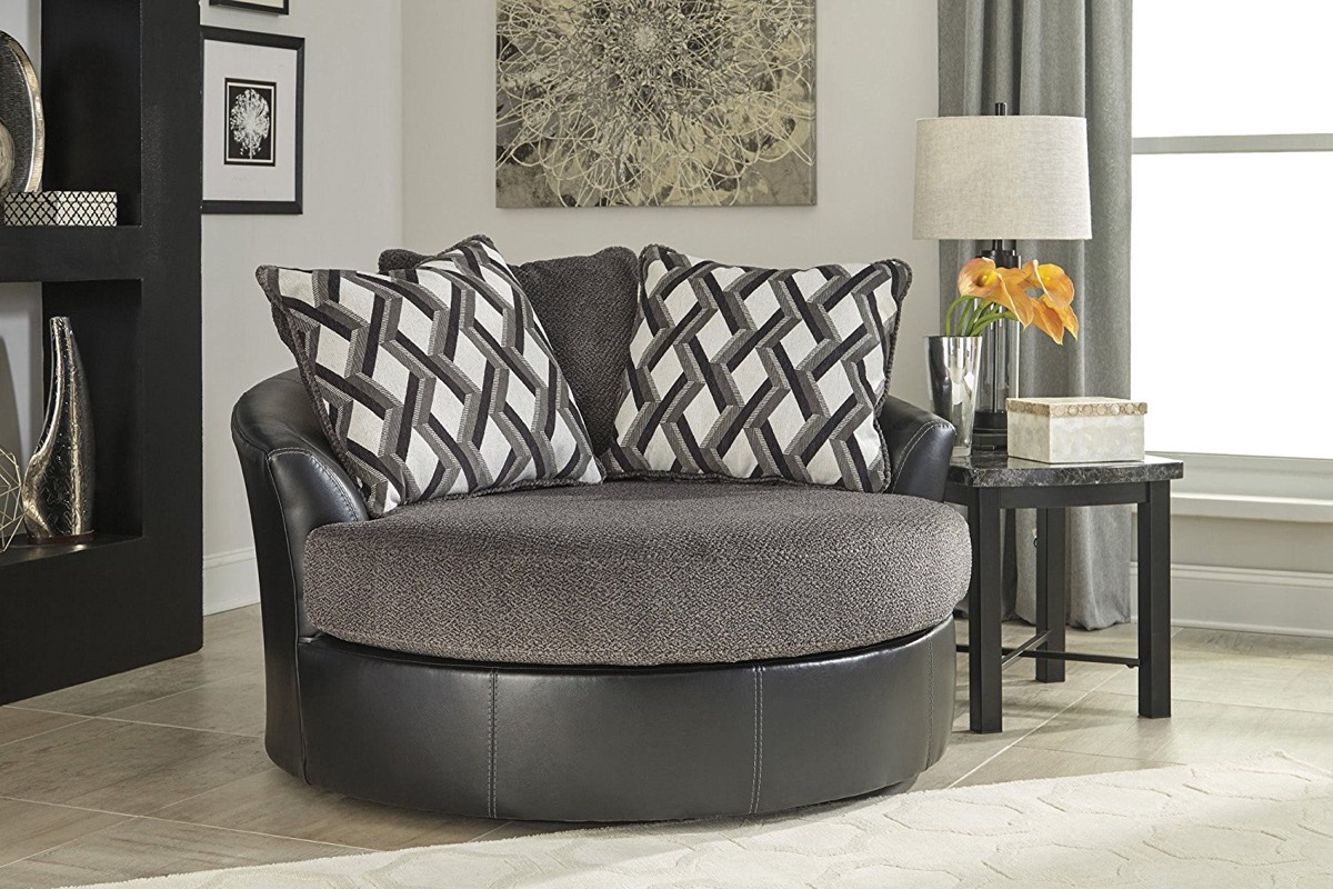 Black Leather Grey Upholstery Oversized, Round Leather Swivel Chair