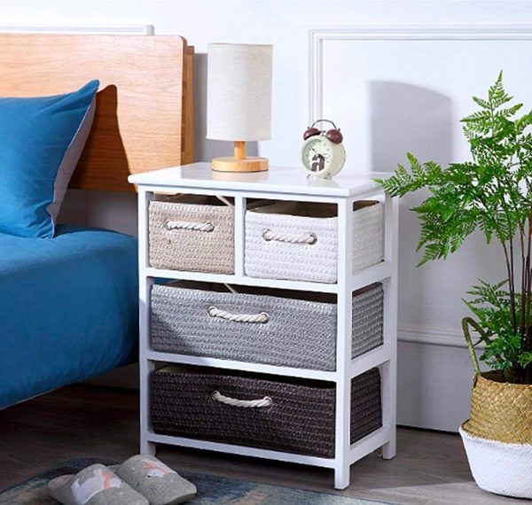 Small Side Tables That Radiate Modern Charm, White Wood Side Table With Baskets