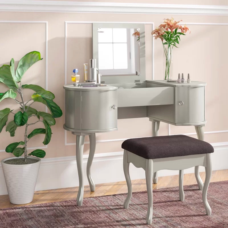 Grey Vanity Table Set With Stool And, Vanity With Mirror That Folds Down