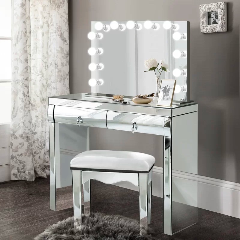 Mirrored Vanity Table With Hollywood, Silver Vanity Mirror Set