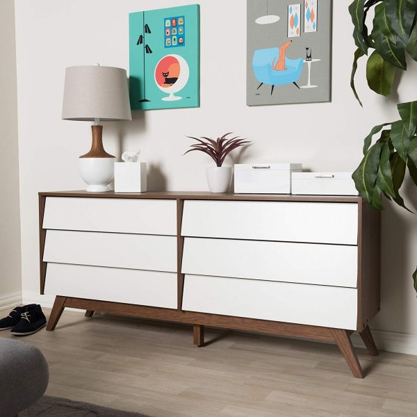 41 Mid Century Modern Dressers To Add, Modern 6 Drawer White Bedroom Dresser For Storage In Gold Color