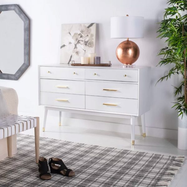 41 Mid Century Modern Dressers To Add, Modern 6 Drawer White Bedroom Dresser For Storage In Gold Mirror