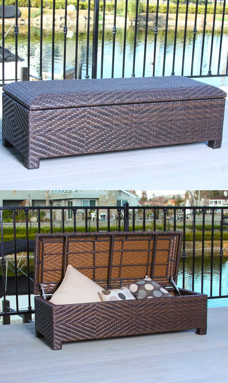 Outdoor Storage Ottoman Bench Dark, Outdoor Wicker Storage Bench With Cushion