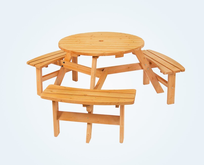 6 Person Round Outdoor Picnic Table 3, Round Wooden Outdoor Table With Umbrella Hole