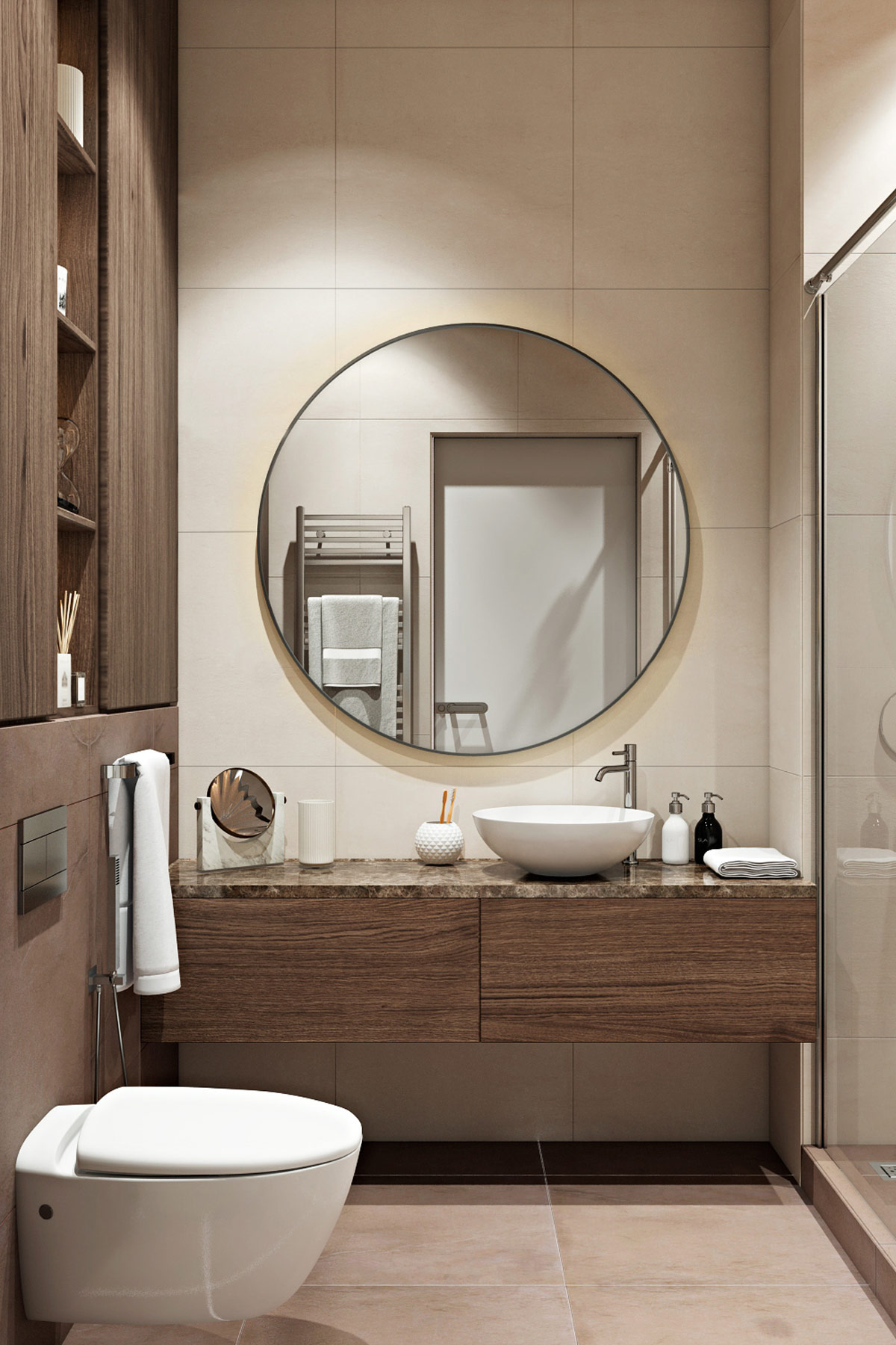 Round Bathroom Mirror Above Stone And, Bathroom Vanities With Round Mirrors