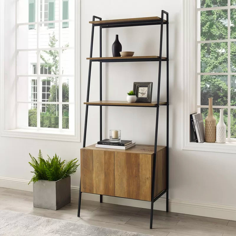 Black And Wood Ladder Storage Shelf, Black Bookcase With Lower Cabinet