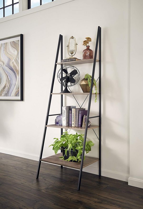 4 Tier Folding Wooden Wall Ladder Steps Shelf Library Book Plant Shelf For Living Room Bathroom Storage Unit style 3 