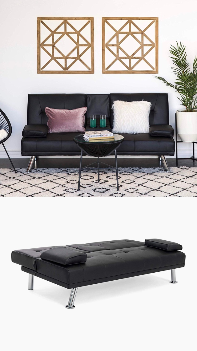 Faux Leather Sofa Bed With Cup Holders, Black Vinyl Sofa Bed