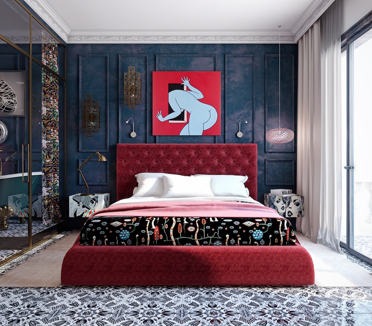 Chinese Red And Blue Bedroom
