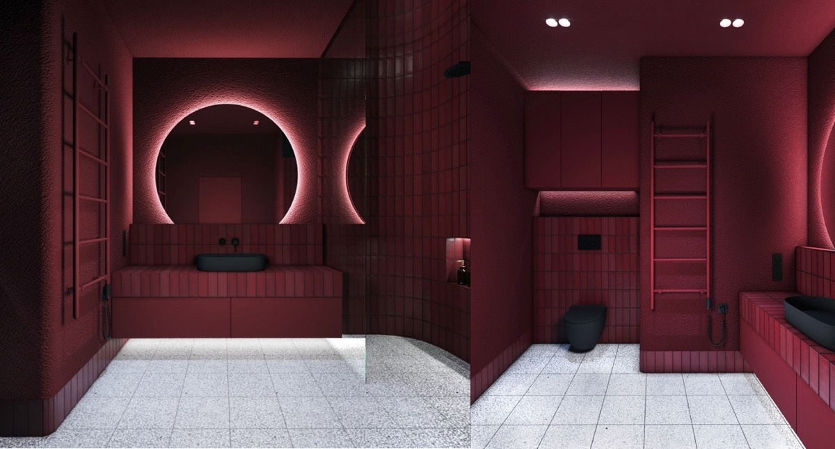 51 Red Bathrooms Design Ideas With Tips, Dark Red Ceramic Floor Tile