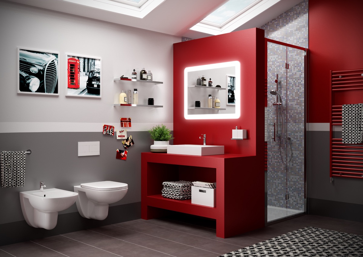 Gray and red bathroom design.  Red feature wall contrasted against gray tiles.