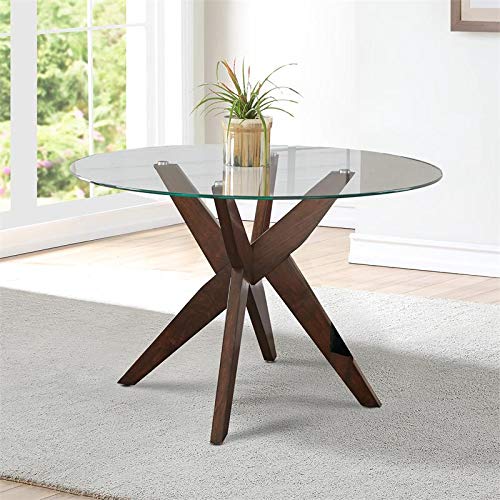 Round Glass Dining Table With Wood Base, Serena 60 Round Glass Dining Table