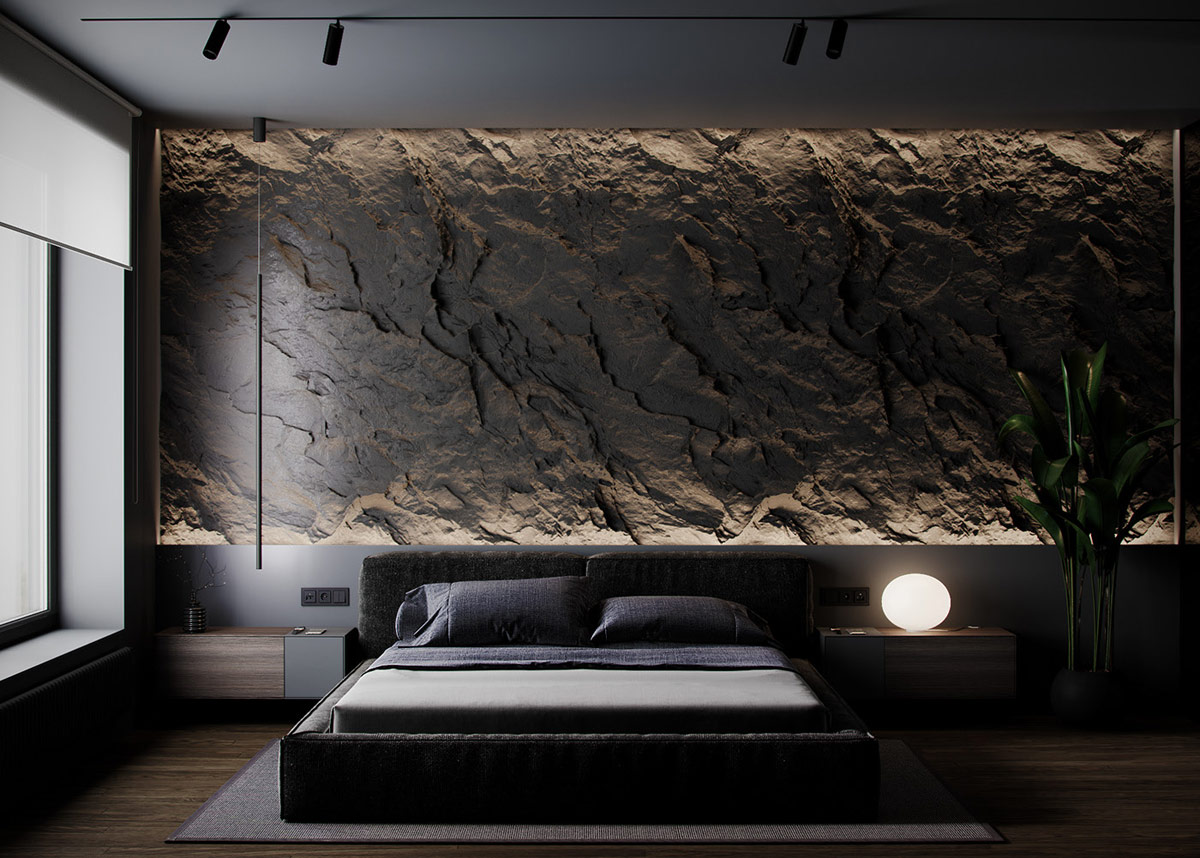 Earthy Brown And Black Decor With Rugged Rock Features Luxurious Lighting