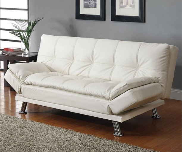 Curved White Leather Sofa Sleeper Couch, Modern White Leather Sofa With Chrome Legs