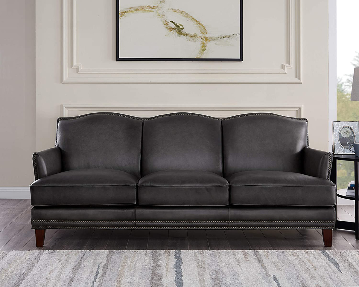 Dark Grey Genuine Leather Sofa With Maul Head Trim And Curved Back ...