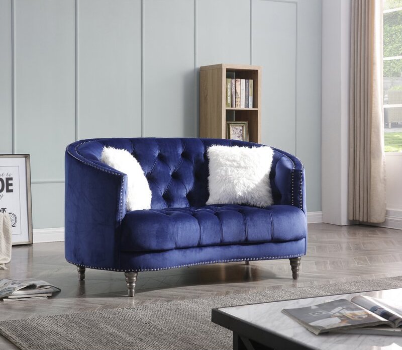 Navy Blue Small Curved Sofa Tufted, Small Curved Loveseat Sofa