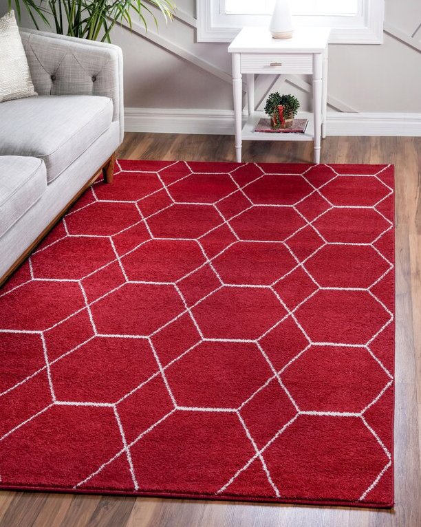 Red Rug Geometric Print Honet Pattern Hexagon Shaped Cherry Area Interior Design Ideas - How To Decorate A Bedroom With Red Carpet