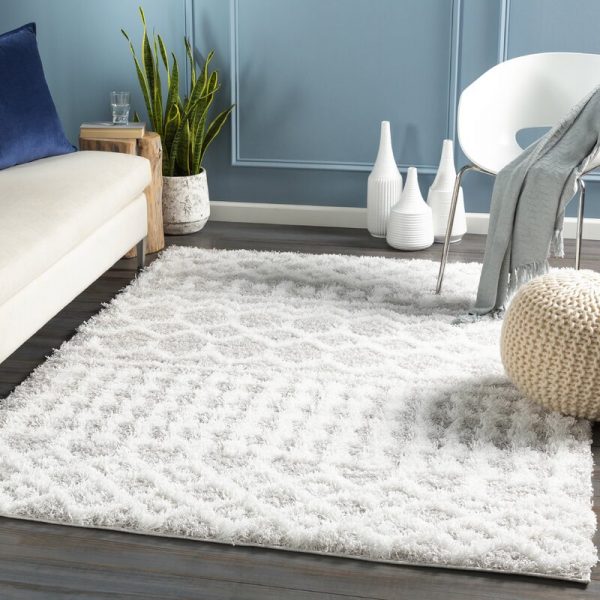 Fluffy Shaggy Rug White Grey Blue Geometric Pattern Mat Living Room Hall Carpets 