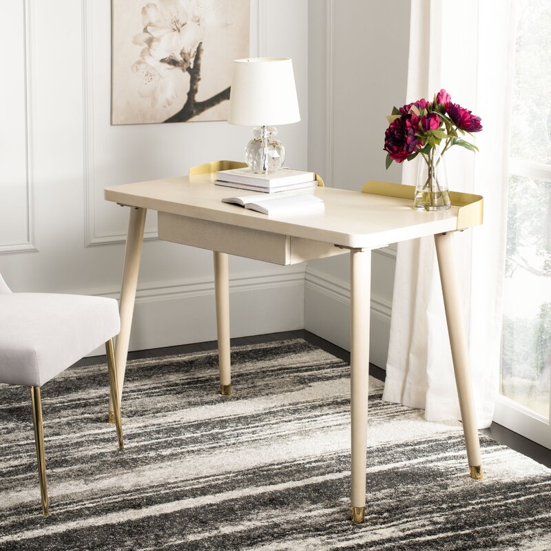 Warm Off White Desk With Gold Details, Small Off White Writing Desk