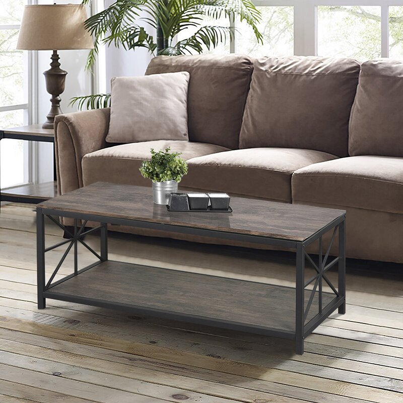 Rectangular Wood Coffee Table With, Dark Wood And Metal Side Table