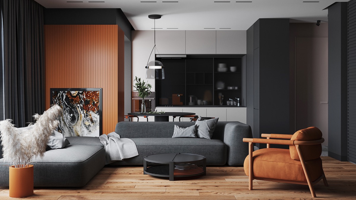 Circle Themes Orange Accents, Orange And Grey Living Room