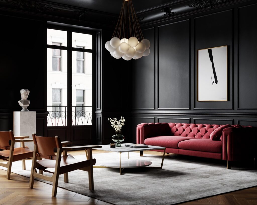 Spacious Dark Interiors With Ruby Red Accents