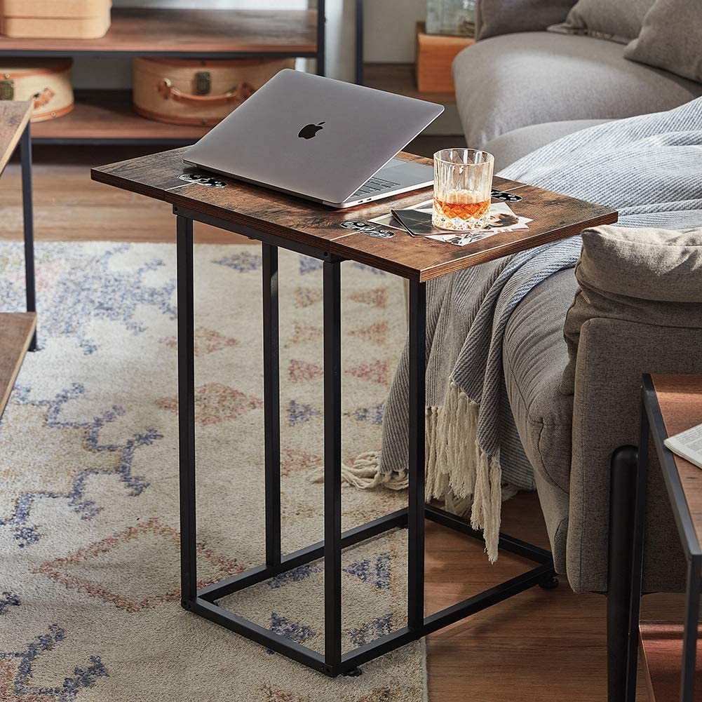 Foldable C Shaped End Table Industrial Style with Wood Top and Black Metal  Base | Interior Design Ideas