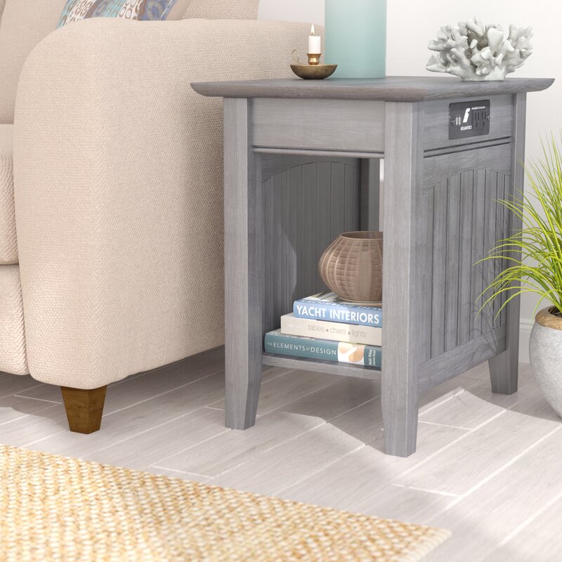 Solid Wood End Table With Usb Port, Farmhouse Style End Table Lamps For Living Room