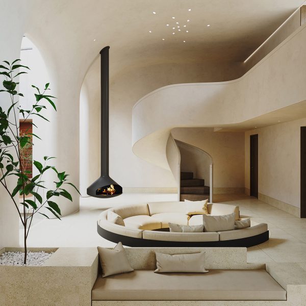 Creamy Home Interior With Curvaceous Staircase Design & Courtyard