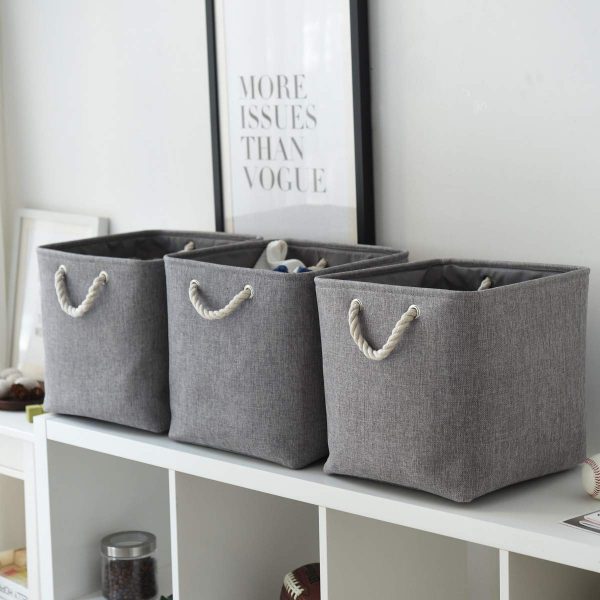 Canvas Storage Cube Boxes Bins 33x33x33cm,Foldable Fabric Closet Organizer Baskets with Strong Leather Handles for Home,Bedroom,Nursery Shelves,Office,3 Pack,Grey 